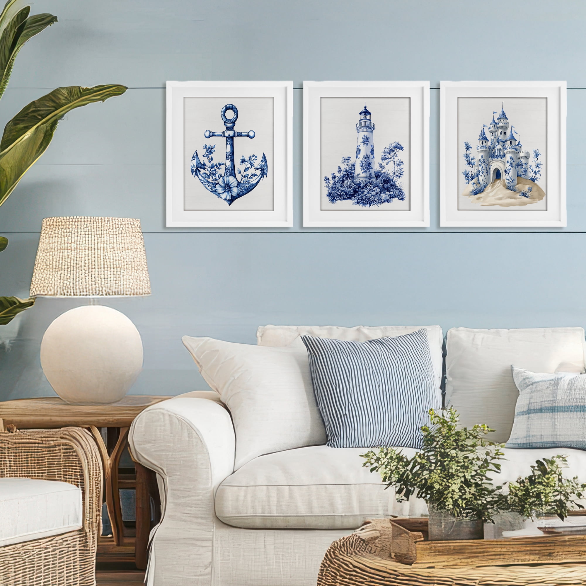 Ornate Nautical Toile Patterns 3 Piece White Framed Print Under Glass Set, design by Lettered and Lined