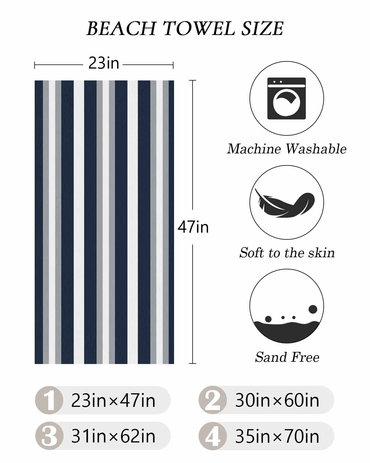 Navy Blue Grey Striped Beach Towels Oversized Super Absorbent, Farmhouse Stripes Minimalist Lightweight Bath Towel Quick Dry Sets For Bathroom/Pool/Rv Camping/Beach Play/Gym Room/Picnic 23"x47"
