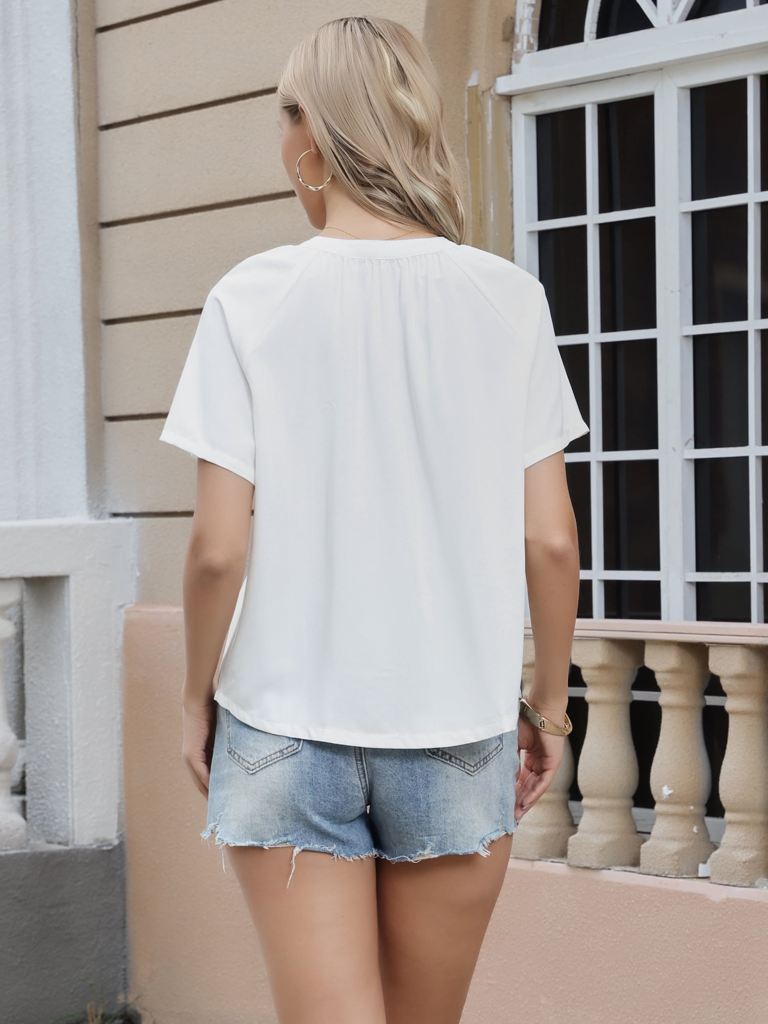 DARING DIVA Women's Button Down Short Sleeve Ruched Neck Summer Shirts XS White