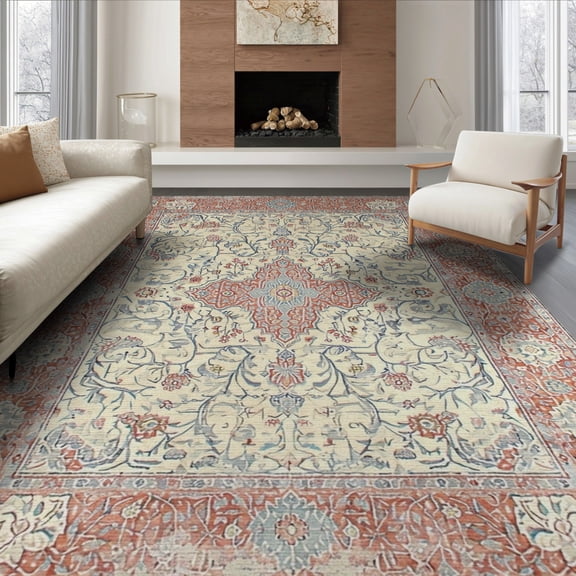 ODIKA 8'x10' Washable Area Rug Dining Under Vintage Distressed Border Ornate Scrollwork Large for King Size Bedroom Bed, Master Suite, Non-Shedding, Easy Care