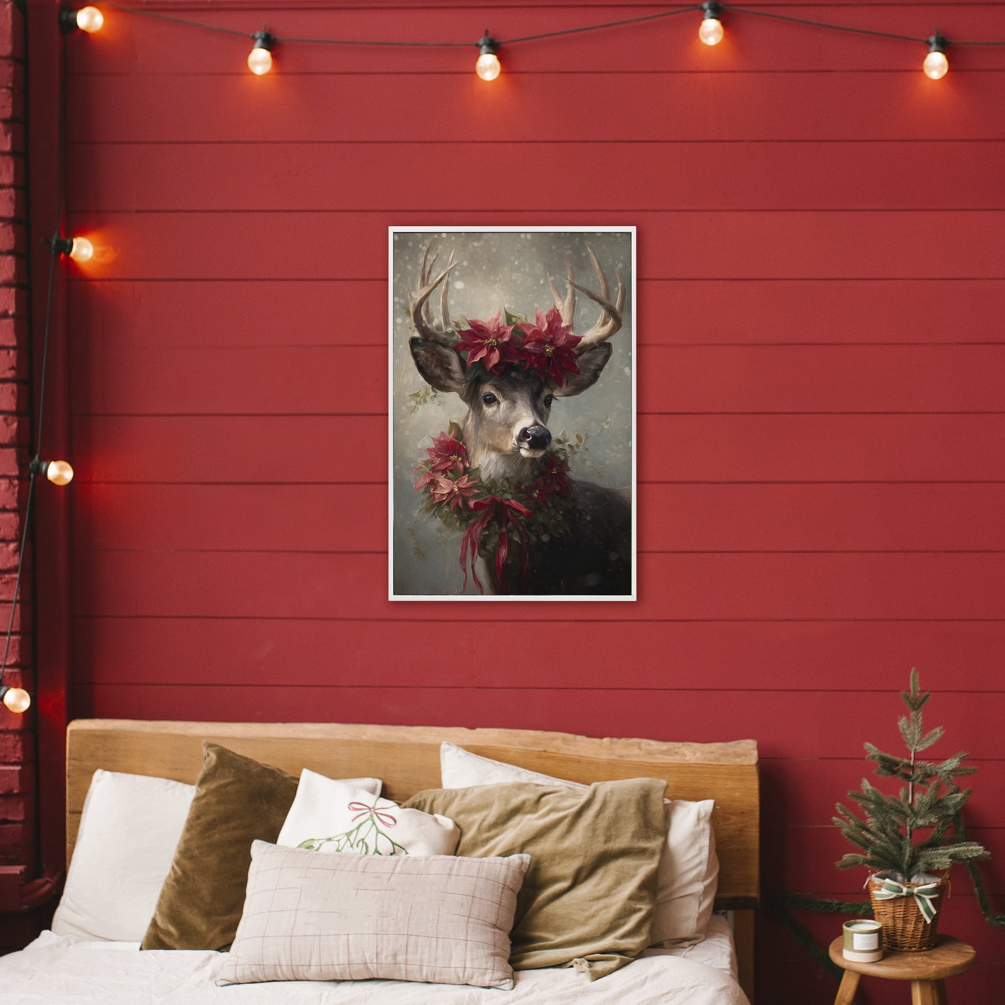 Stupell Industries Poinsettia Christmas Deer White Framed Giclee Art, design by Tina LeCour