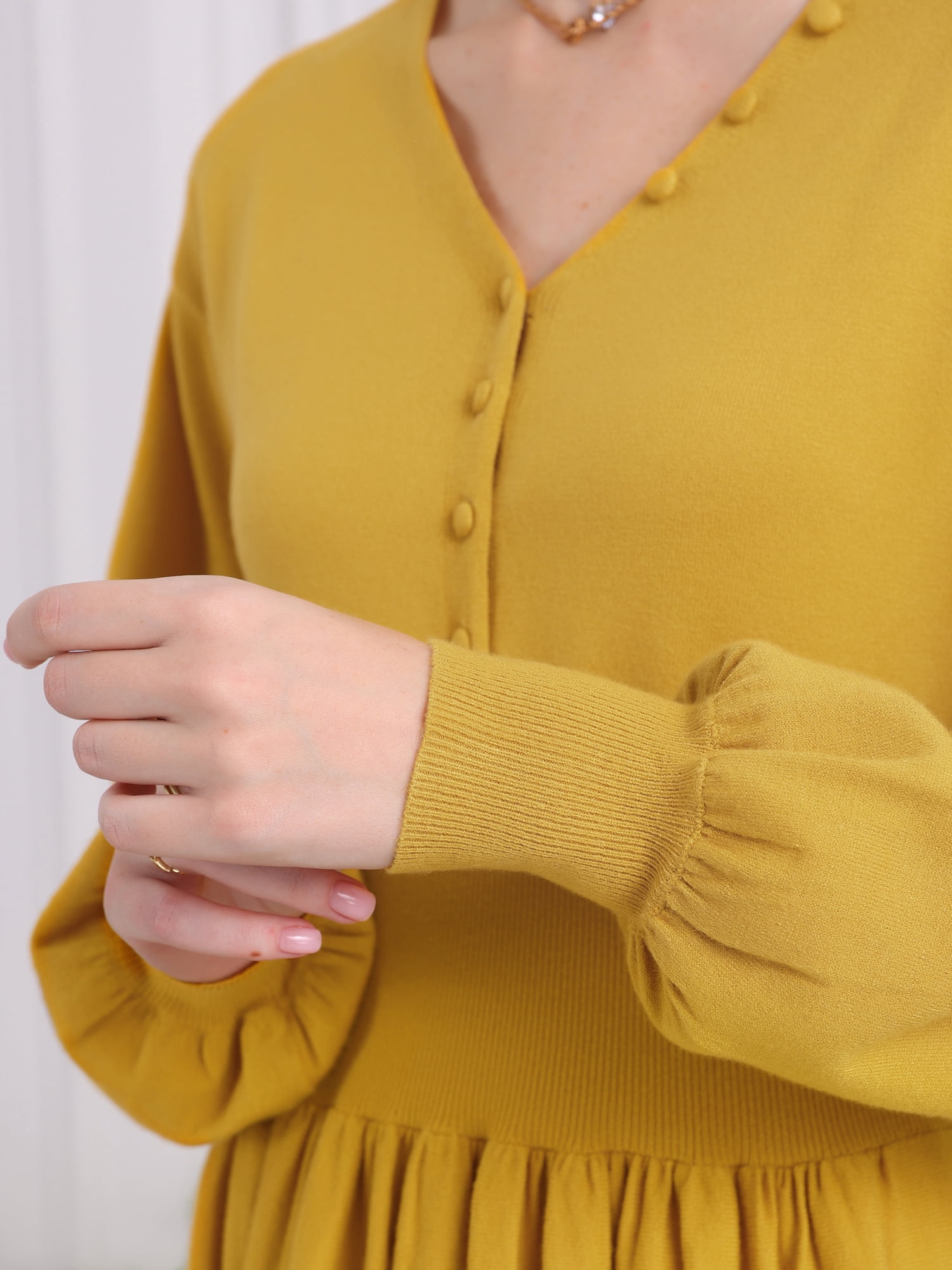 DARING DIVA Long Sleeve Sweater Ribbed Knit Midi A-Line Dress L Dark Yellow