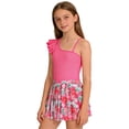 thumbnail image 2 of CUZIBR Kids Girls Swimsuits Two Piece Bikini Sets One Shoulder Ruffles Sleeveless Sport Bathing Suits With High Waist Pleated Skirts Cover Up Cozy Swimwear Beach Pool Beachwear,Hot Pink2,11-12 Years, 2 of 5