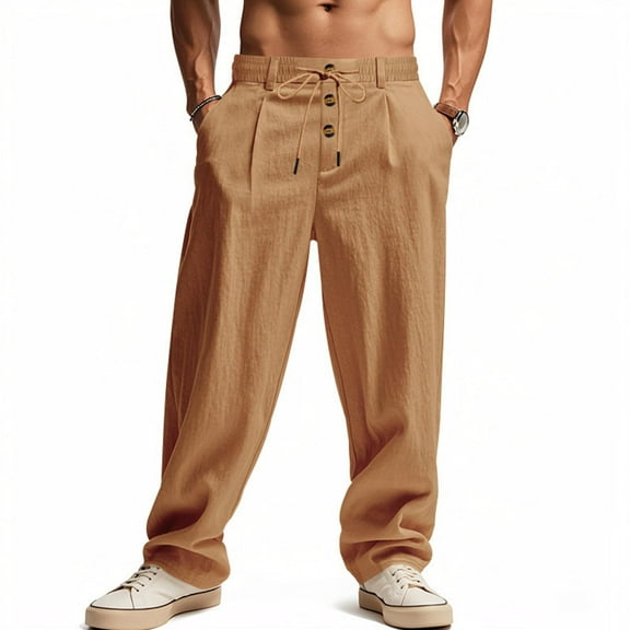 Under 10 dollars! Men's Casual Linen Pants Buttons Elastic Waist Drawstring Lightweight Wide Leg Breathable Beach Summer Linen Pants
