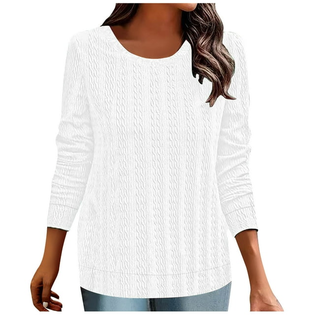 AherBiu Womens Long Sleeve Tops Crewneck Pullover Spring Sweater Top T Shirts Solid Color