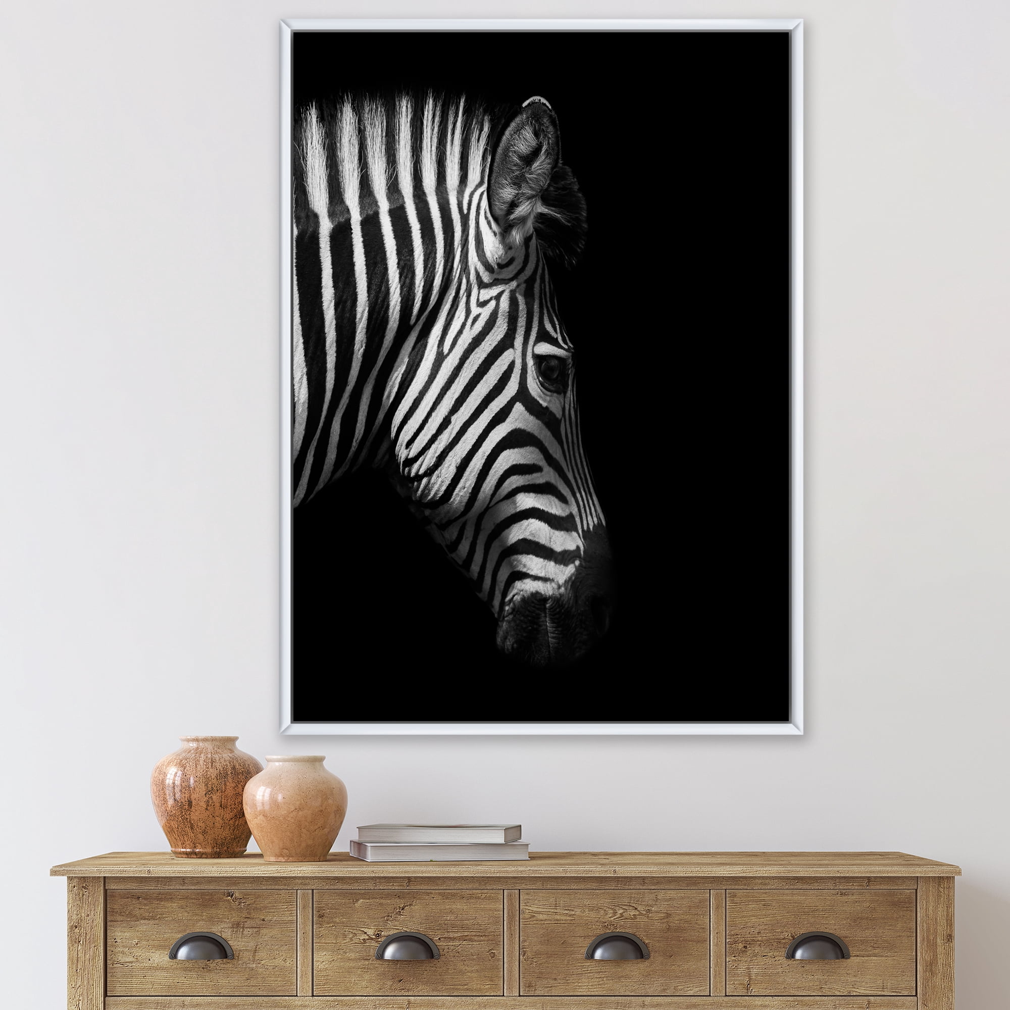 Designart 'Black and White Portrait of Zebra Head' Farmhouse Framed Canvas Wall Art Print