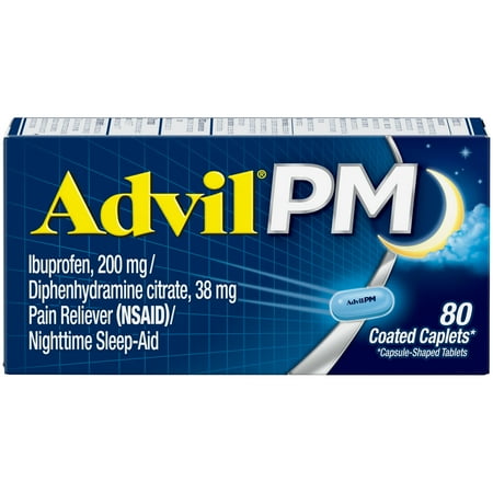 - Advil PM (80 Count) Pain Reliever / Nighttime Sleep Aid Caplet, 200mg Ibuprofen, 38mg Diphenhydramine
