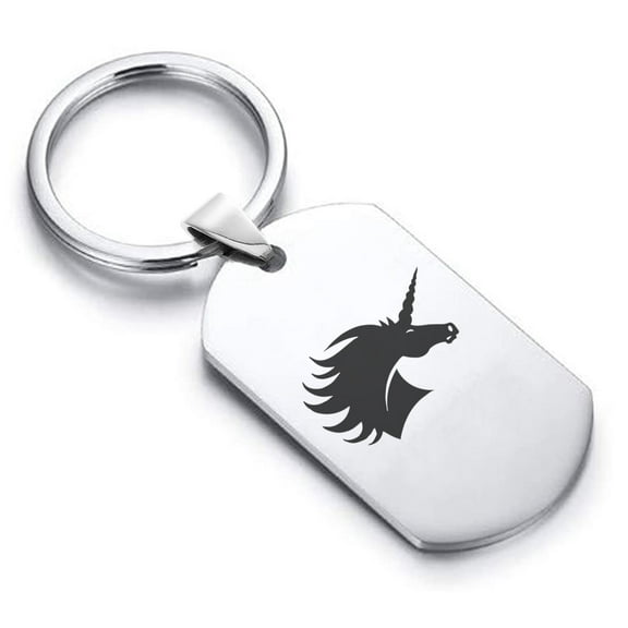 Stainless Steel Mythical Unicorn Head Dog Tag Keychain Circle Ring