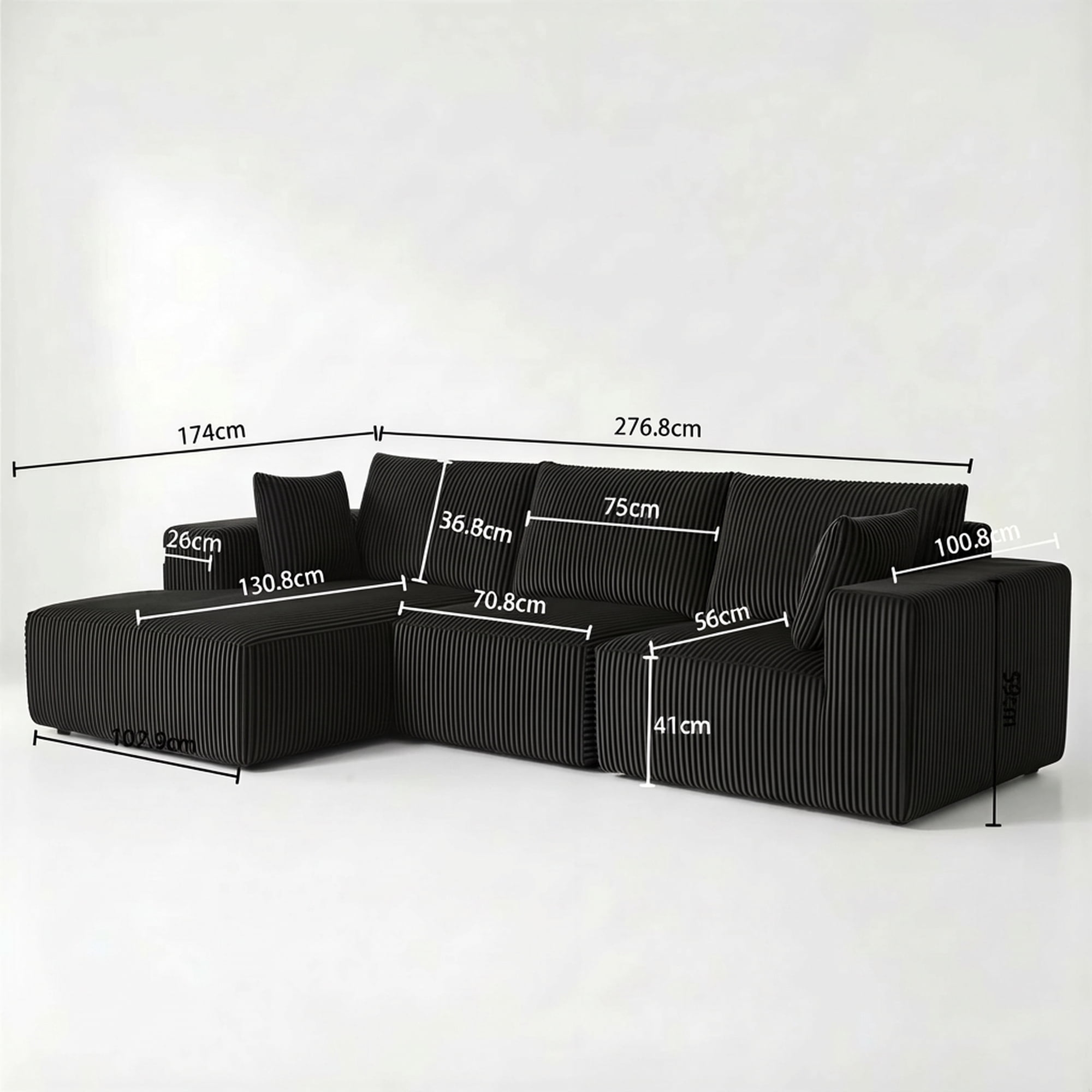 Leumius Modular Sectional Sofa,Cloud Sectional Couch with Deep Seat,Modern L-Shape Sofa with Chaise,Upholstered Boneless Couch for Living Room,Corduroy,Black