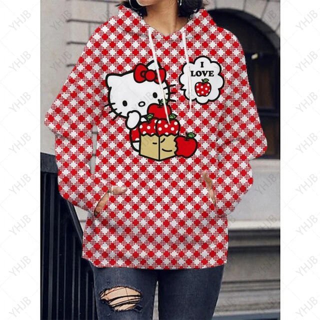 Kawaii Hello Kitty Chandail à Capuche pour Femmes Anime Kt Cat Graffiti Chandail à Capuchon Y2K Veste de Rue Manteau Mode Vêtements Amples pour Fille