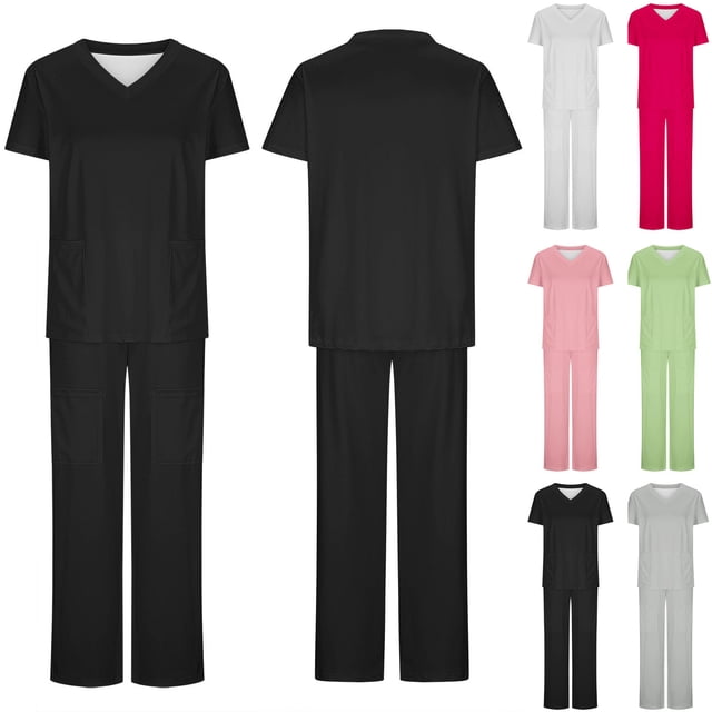 PXLKNZH Women Scrub Set Solid Color V-Neck Top and Straight Leg Pants with Pockets Plus Size Stretch Ultra Soft Working Nursing Uniform Watermelon Red,L