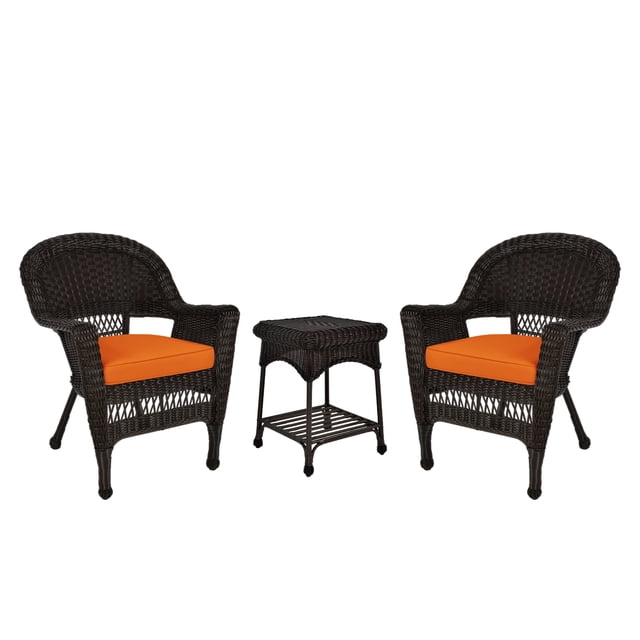 Jeco Ensemble de Conversation en Osier 3 Pcs, Couleur Espresso, avec Coussins Orange