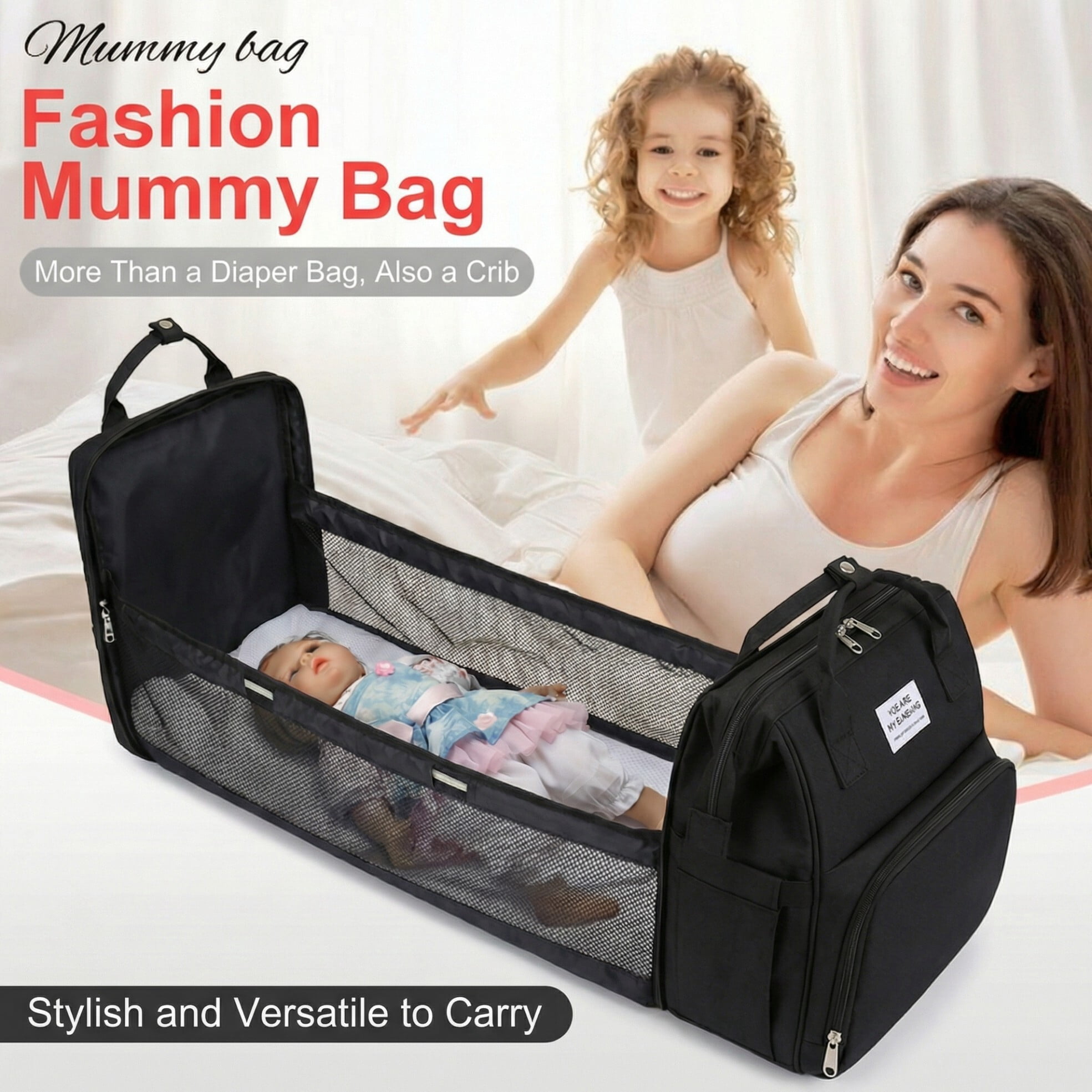 Baby diaper bag, backpack-style diaper bag, large waterproof baby bag, baby travel bag, with diaper pad and USB charging port, a great baby christening gift for mom, black.