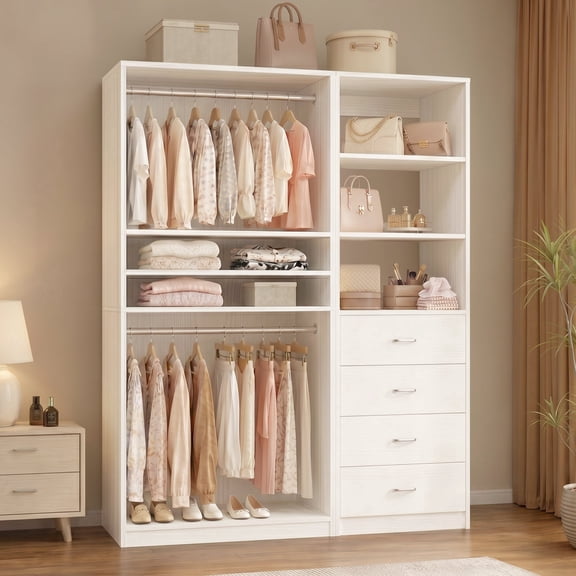 Homieasy 57.3'' W 2-Piece Closet Organizer System with Drawers and Hanging Rods, White