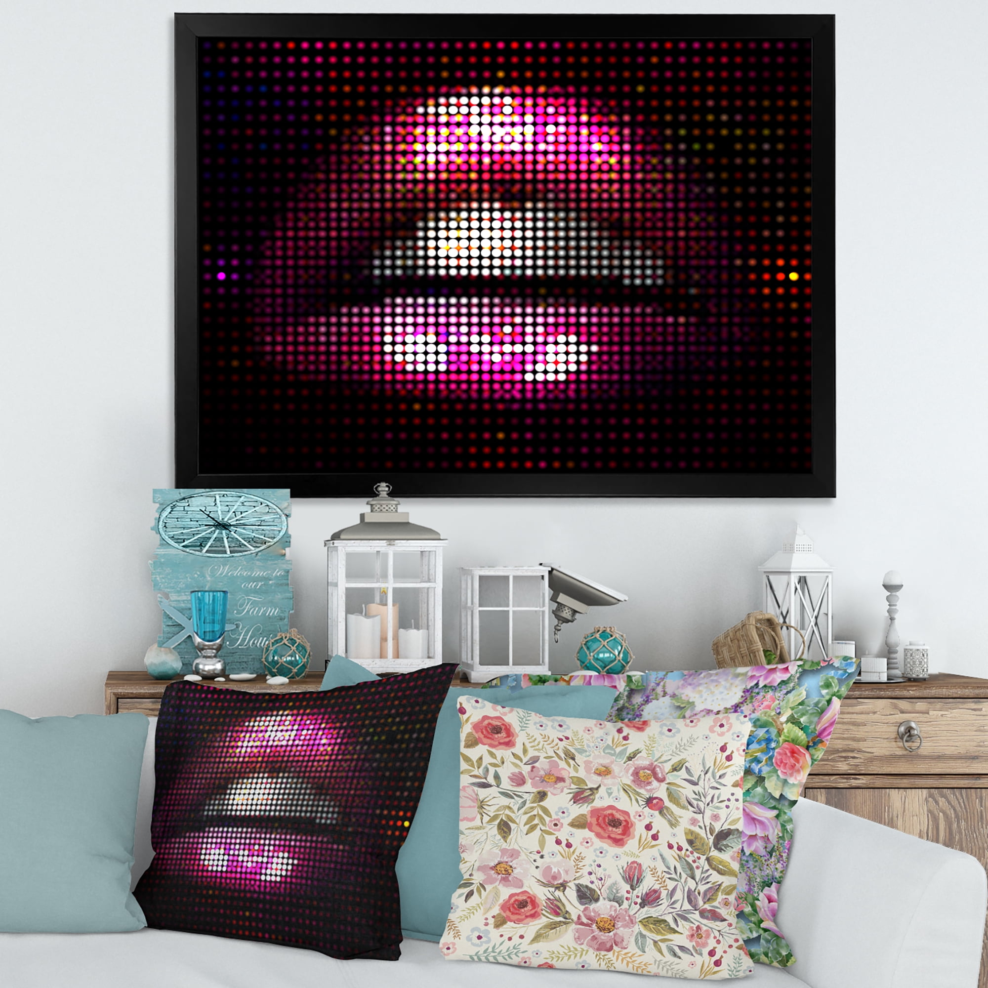 Designart 'Detail Of Pixellated Pink Woman Lips' Modern Framed Art Print