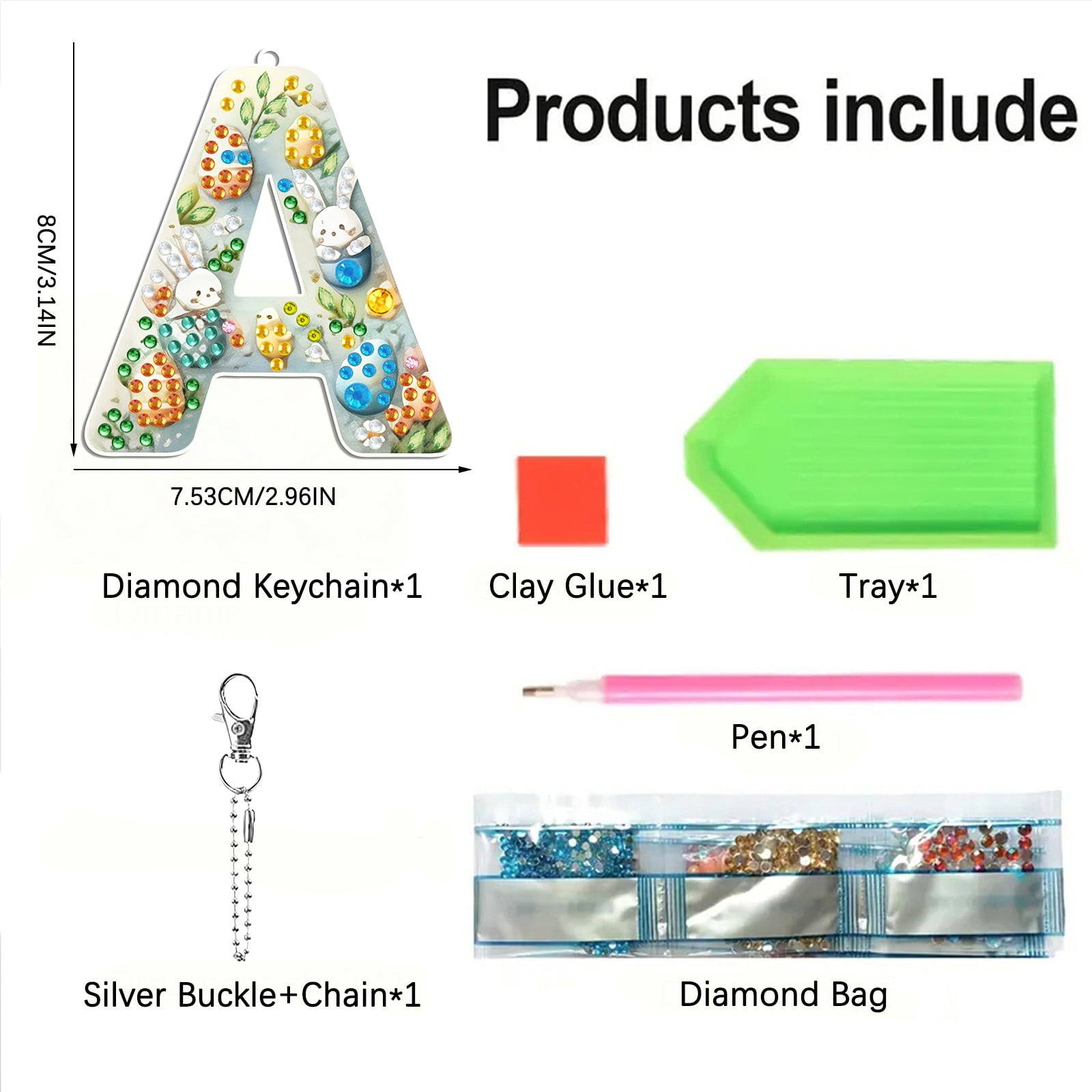 FLOPESN DIY Diamond Art Painting Easter Bunny Egg Letters Acrylic Keychain,Creative Design Double-Sided Diamond Craft For a gift to Friend Family-A