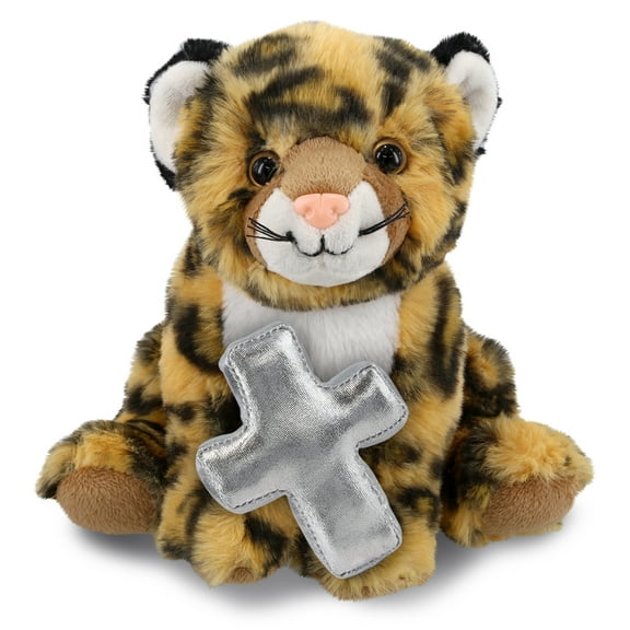 DolliBu Squat Leopard Stuffed Animal with Silver Cross Plush - Religious Baby Baptism Gifts for Boys and Girls, Cute Baby Dedication Christening Gifts Plush Prayer Toy Healing Teddy Bear - 8 Inches