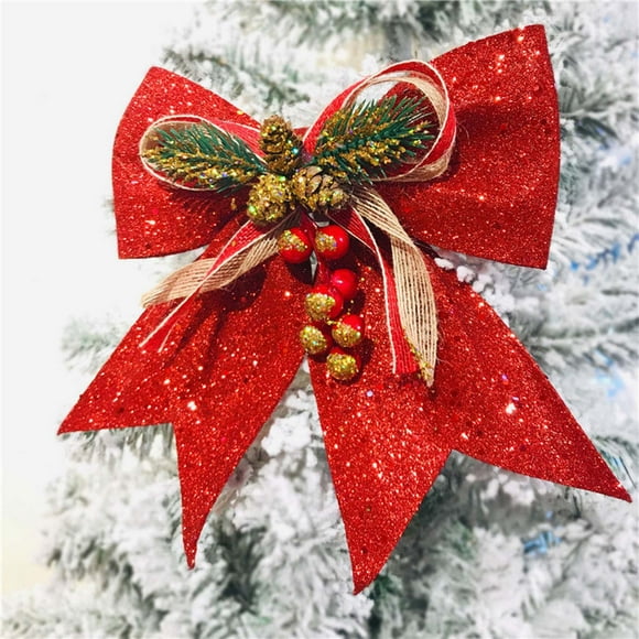 TopLLC Christmas Bows for Wreath, Christmas Decorations Large Red Glitter Wreath Bows with Pinecones and Berries, Christmas Tree Decorative Bows Wall Hanging Ornaments for Home Wedding Holiday