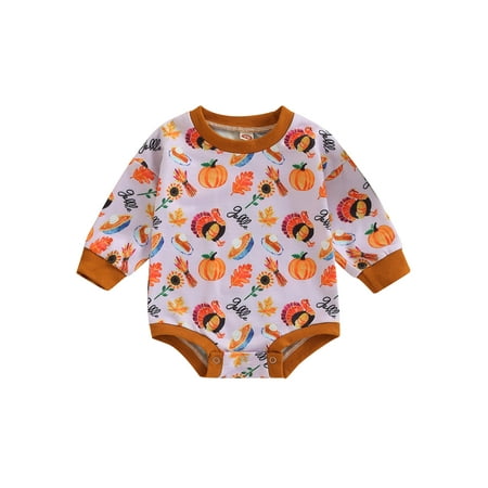 

jaweiwi Baby Girls Boys Thanksgiving Romper Letter Turkey Pumpkin Sunflower Leaves Print Round Neck Long Sleeve Jumpsuits Size 0 6 12 18 24 M