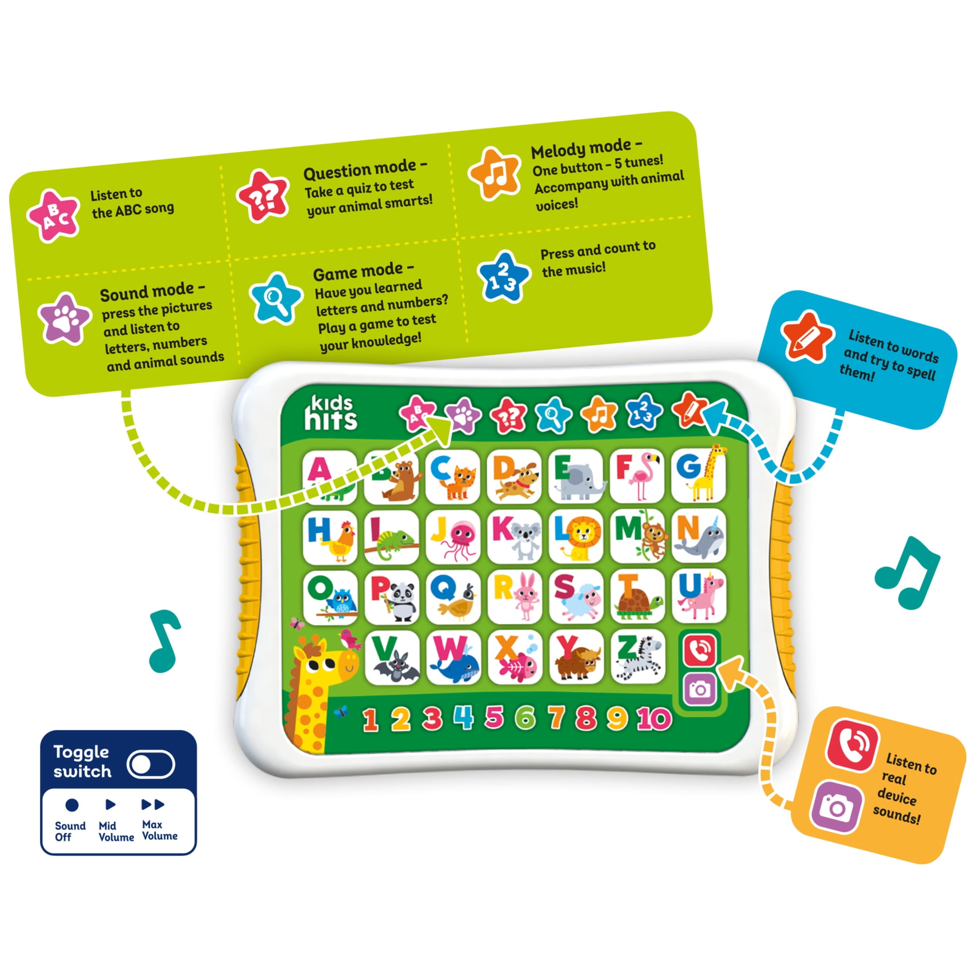 Kids Hits: Hit Pad - ABC Fun - Educational Musical Tablet Toy, Letters, Numbers, Animal Sounds, Songs & Quiz Mode, Learning Play, Toddler & Kids 3+