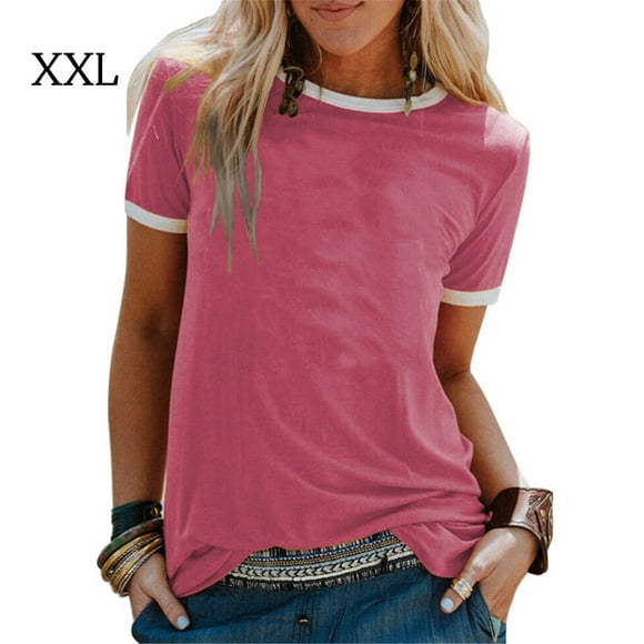 T-shirt pour Femmes à Blocs de Couleur avec Coutures, Haut Court à Coutures, Blouse Décontractée à Manches pour Femmes, Rose Rose, G