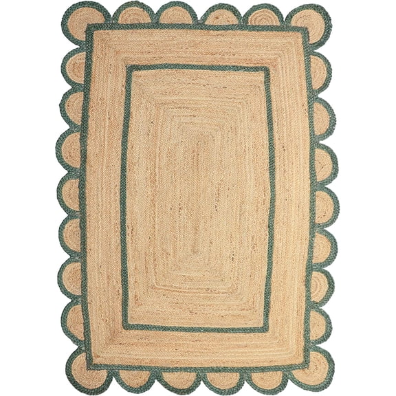 Green Border Natural Scallop Pattern Jute Bohemian Area Rug