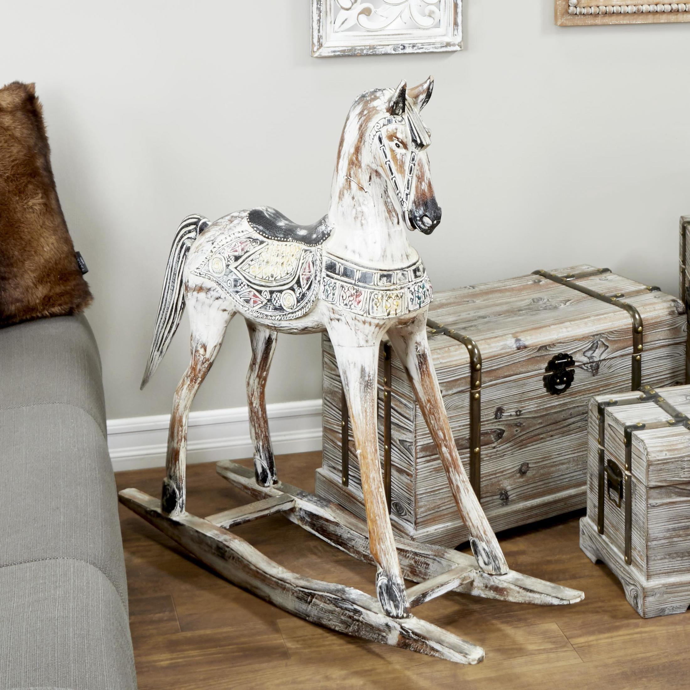 DecMode Beige Wood Horse Rocking Decorative Sculpture with Brown Distressing and Colorful Accents, 42" x 11" x 38"