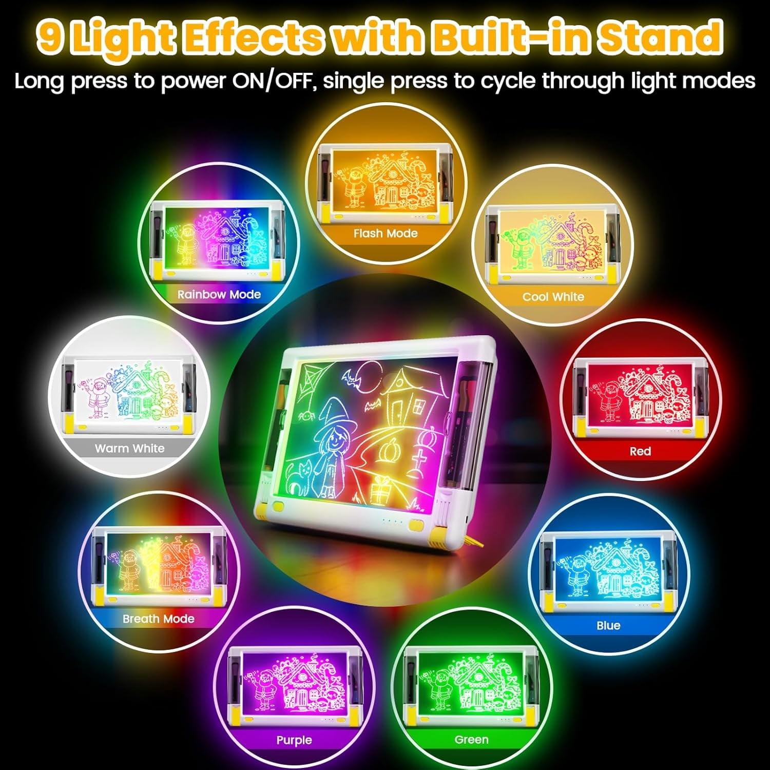 UKEXE 15 Inch Rechargeable LED Drawing Board - 9 Neon Light Modes, Portable Glow Art Tablet with Tracing Sheets, Creative Gift for Kids & Teens (White)