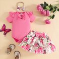 thumbnail image 2 of Toddler Baby Girl Summer Outfits Solid Romper & Ruffle Floral Skirt with Headband 3-Piece Outfit, 2 of 7