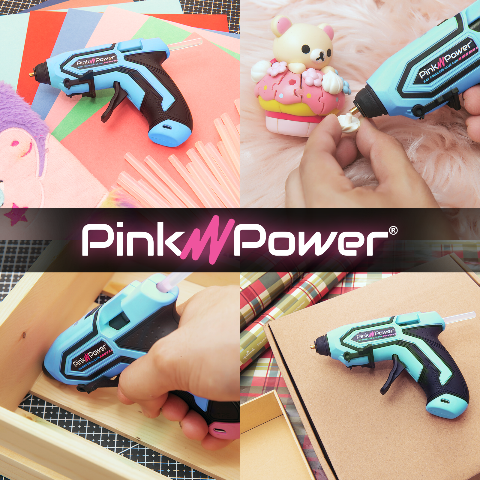Pink Power Cordless Mini Hot Glue Gun with Stand - USB Rechargeable Wireless Hot Melt Glue Gun Kit with 20 Glue Sticks - Battery Operated Cordless Glue Gun for Crafts - Portable Blue Hot Glue Gun
