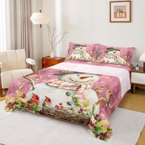 Manfei Xmas Snowman Queen Sheet Sets for Kids Boys Girls, Winter Snowflakes Cardinal Bird Flat Sheet, Pink Happy New Year Gifts Queen Fitted Sheet, Super Cozy Room Decor 4 Pieces