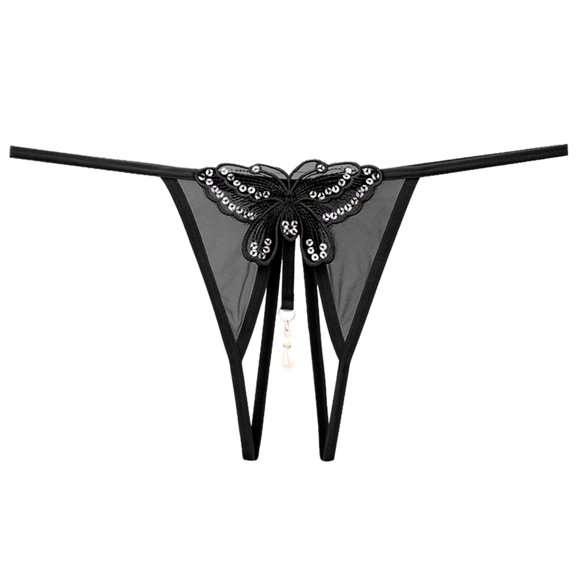 Butterfly Hollow Embroidery Pearl Stimulation Thong Thongs for Women Black One Size