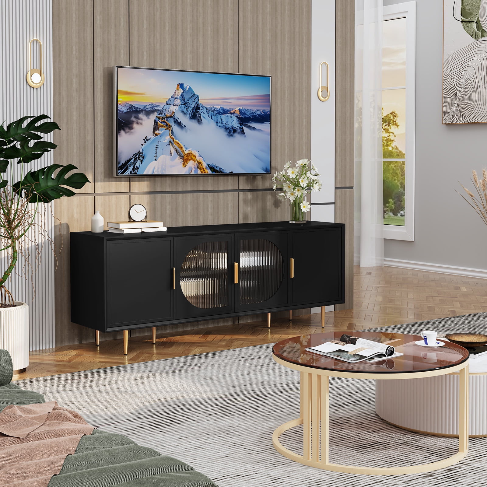 CBJCBJ 66" TV up to 75" Stand for Living Room, Entertainment Center with Glass Storage Cabinet,Black
