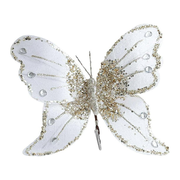 Adorno navideño con forma de mariposa, decoración brillante para el árbol de Navidad Blanco