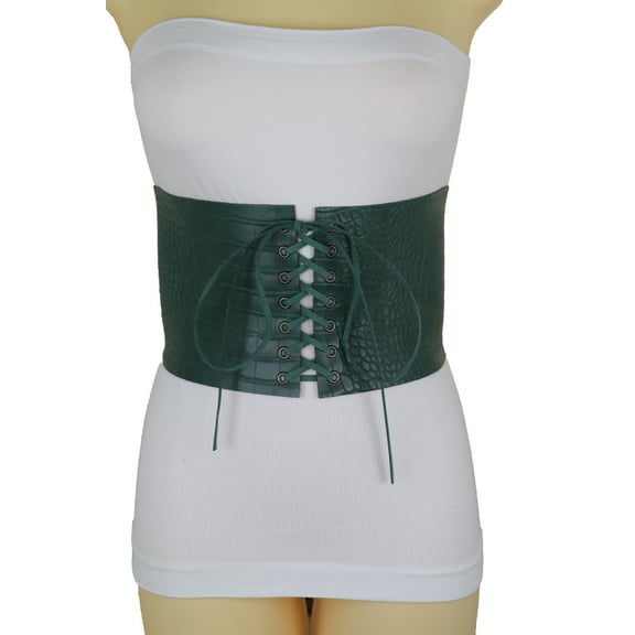 Women Wide Green Corset Belt Faux Crocodile Skin Leather M L