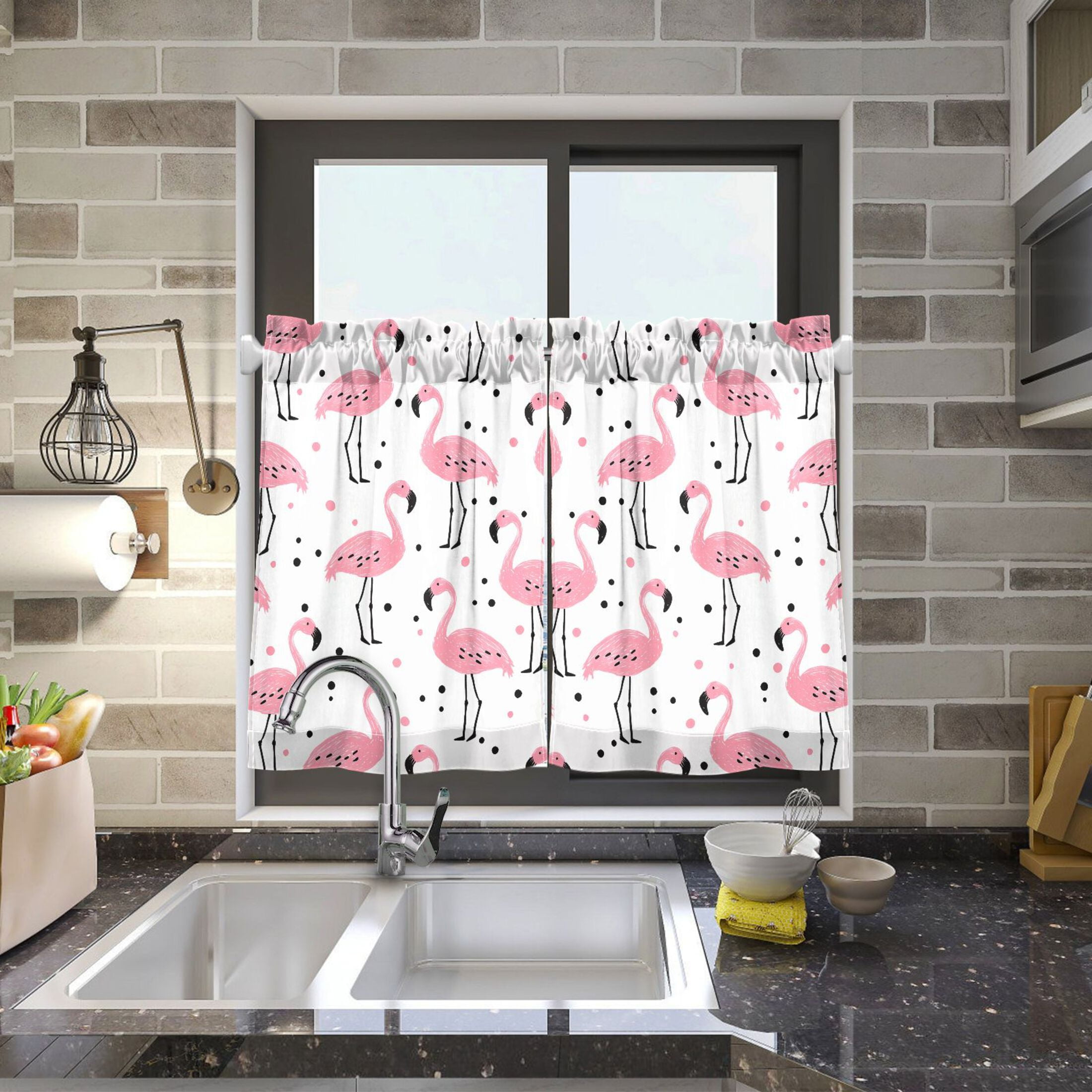 Linen Kitchen Curtains Pink Flamingo Polka Dots Pattern Tier Curtains Tier Kitchen Living Room Bedroom Balcony 2 Panels 27x36 Inch