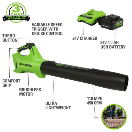 Greenworks - 24-Volt 110 MPH 450 CFM Cordless Handheld Blower (1 x 4.0Ah Battery and 1 x  Charger) - Black/Green