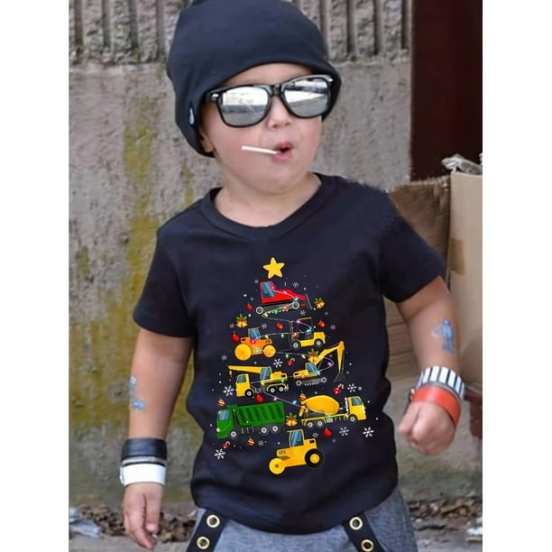 Christmas Truck Print Short Sleeve Crew Neck T-Shirt for Boys, Casual Comfy Summer Tops