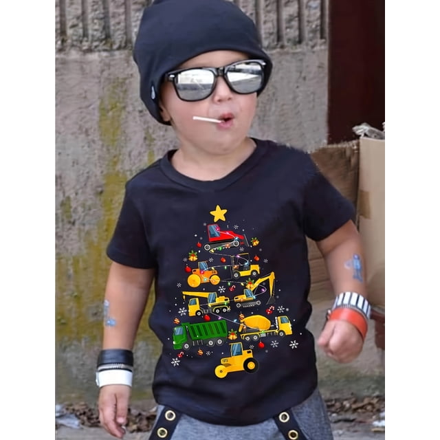 Christmas Truck Print Short Sleeve Crew Neck T-Shirt for Boys, Casual Comfy Summer Tops