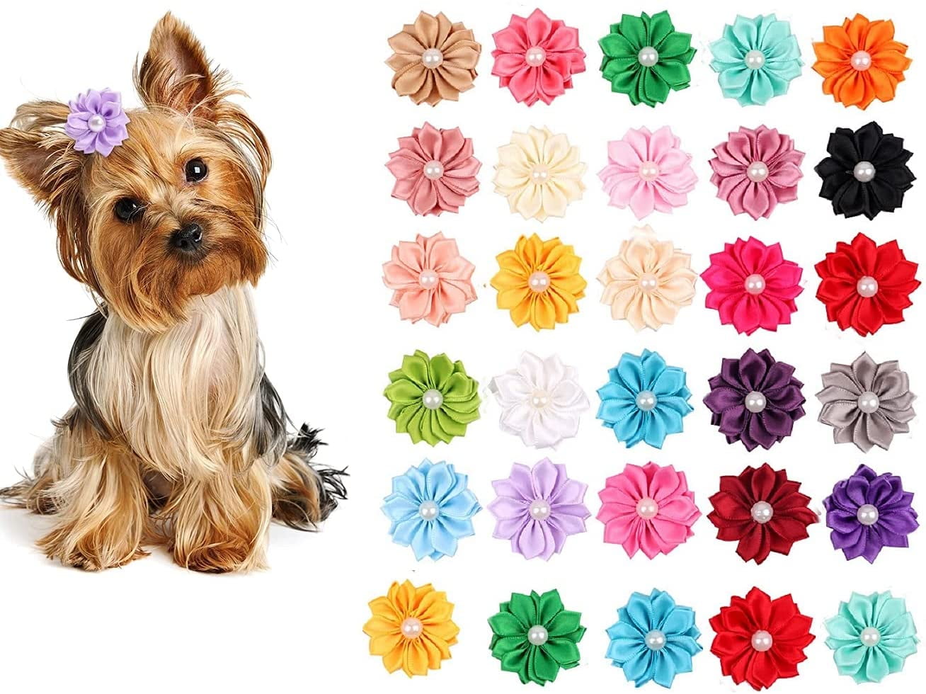 Dog Hair Bows Solid Bows Flowers Dog Bow Rubber Bands Pet Grooming bows Topknot 