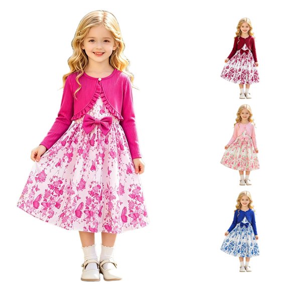Afdoent Girls 2 Piece Outfit Solid Color Long Sleeve Cardigan Floral Print Sleeveless Dress Outfit For Fall 9-10 Years