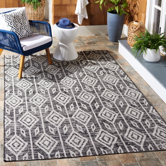 SAFAVIEH Courtyard Beckah Geometric Indoor/Outdoor Area Rug, Black/Grey, 6'7" x 9'6"