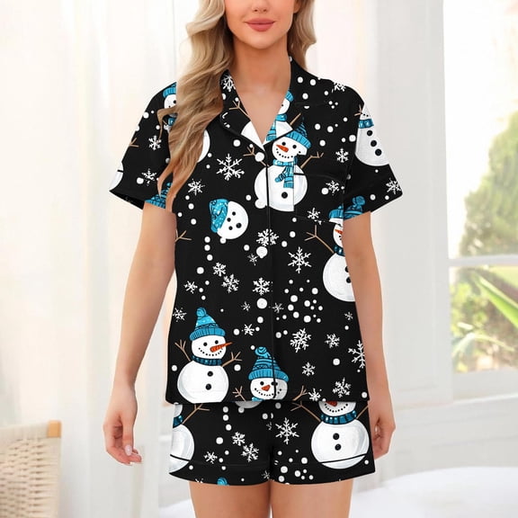 Fznquz Christmas Pajamas for Women Set Button Down Xmas Soft Pajama Nightwear Short Sleeve Tops Shorts Winter Pjs for Women Set