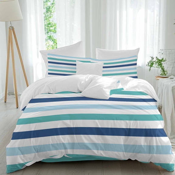 Blue Turquoise Navy Striped Duvet Cover Set Queen Size, Modern Minimalist Abstract Lines 4 Piece Soft Microfiber Bedding Set with 1 Duvet Cover, 1 Flat Sheet, 2 Pillowcases