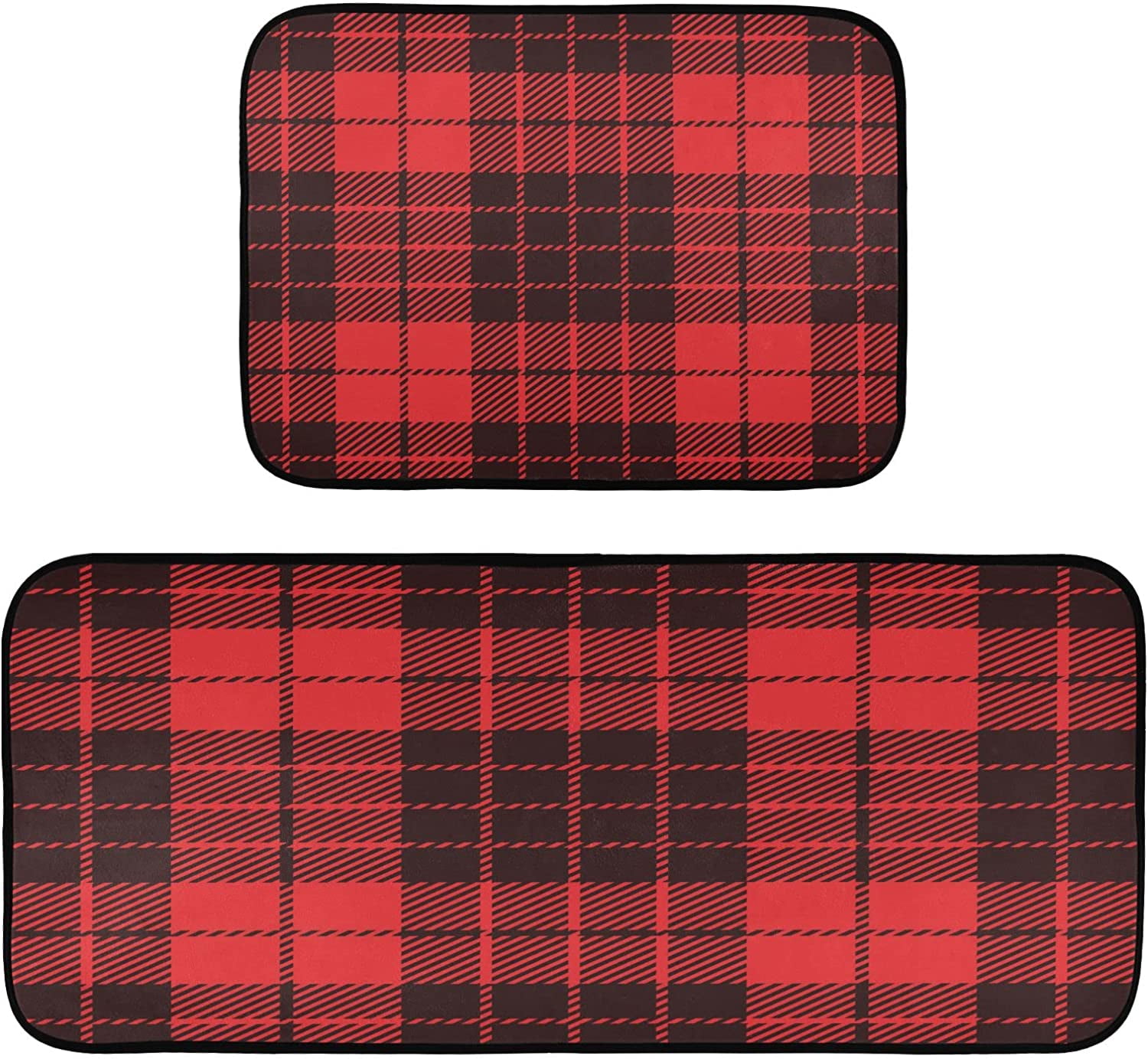 Red Black Buffalo Plaid Kitchen Rugs Mats 2 Piece Set, Non Slip Rubber Runner Rug Kitchen Sink
