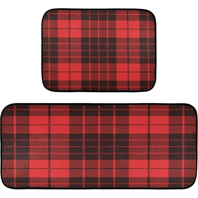 Red Black Buffalo Plaid Kitchen Rugs Mats 2 Piece Set, Non Slip Rubber