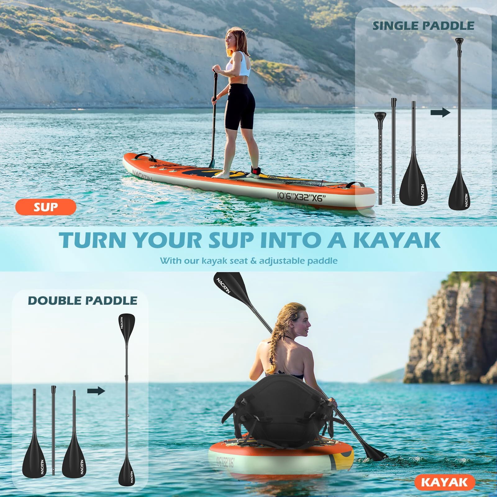 10'6" Inflatable Paddle Board with Kayak Seat Nacatin Stand-Up Paddleboard with Premium SUP Board Accessories Kit and Backpack