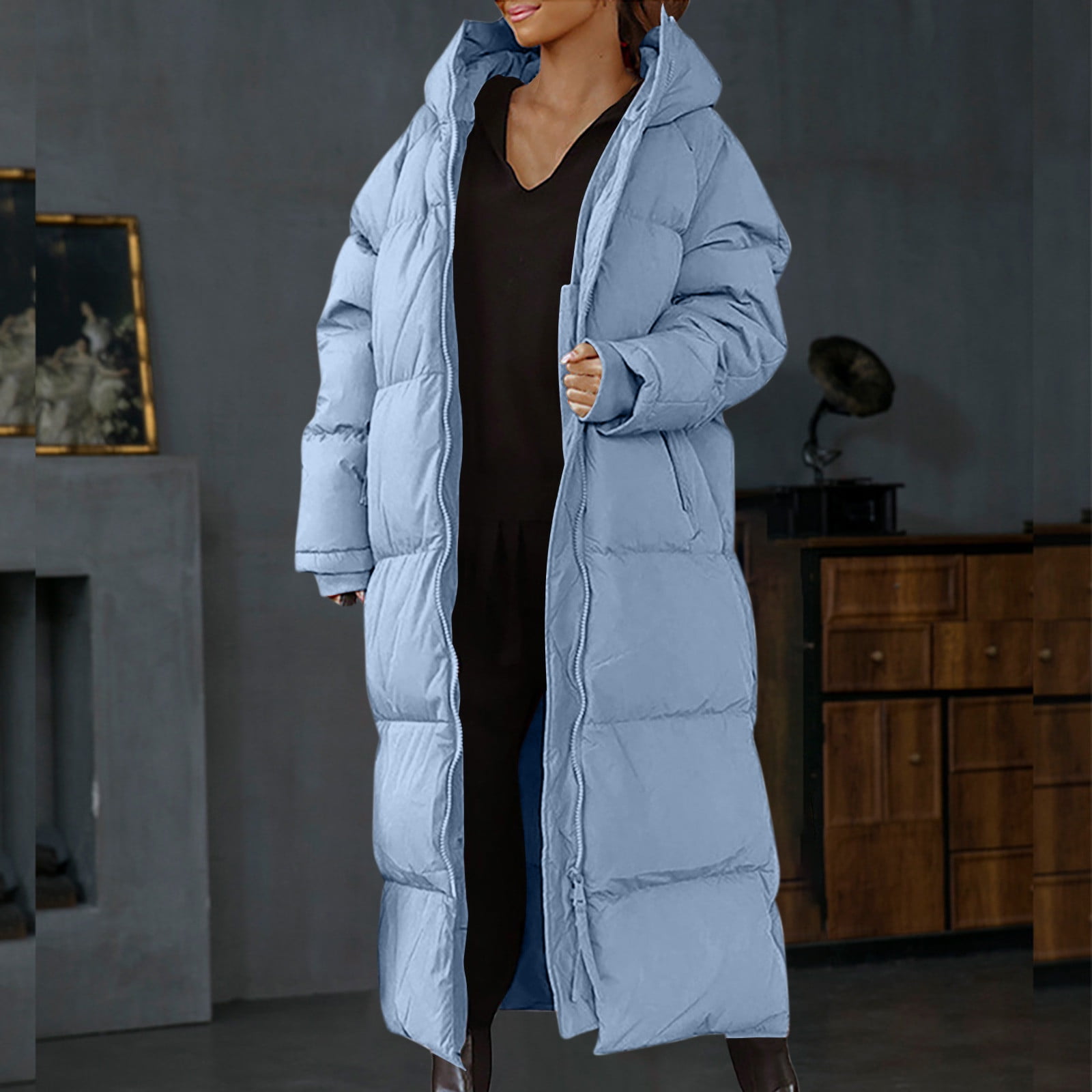 Aboser Womens Long Puffer Jackets Winter Thick Parkas Solid Full Zip Quilted Coat Coldproof Warm Hooded Jacket Coat with Pockets