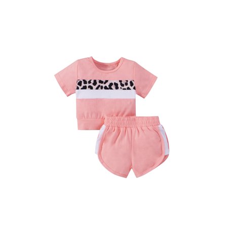 

Emmababy Toddler Baby Girls Boys Summer Clothes Set Leopard Sweatshirt Knitted Short Sleeve Tops Shorts Set Outfits