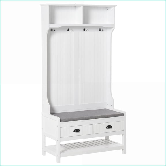 Hall Tree with Coat Rack, Shoe Bench & Drawers | Modern White MDF Entryway Organizer